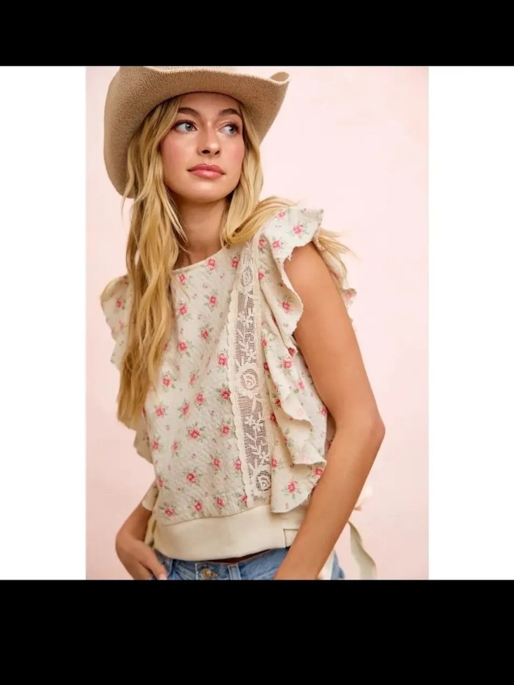 BiBi Floral Ruffle Lace Women’s Top - Cream with Pink Roses NWT